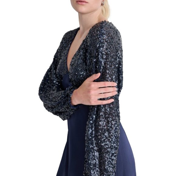 DKNY Women's Sequin Embellished Blouson-Sleeve Gown – Spring Navy – NWT 14 - Picture 3 of 5